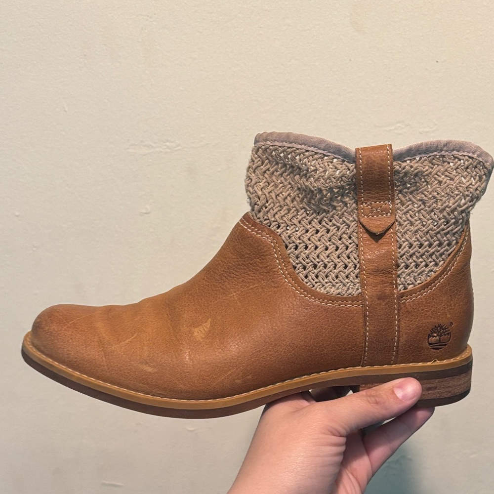Timberland Women's Tan Leather Ankle Boots with Knit Cuff - Picture 4 of 9